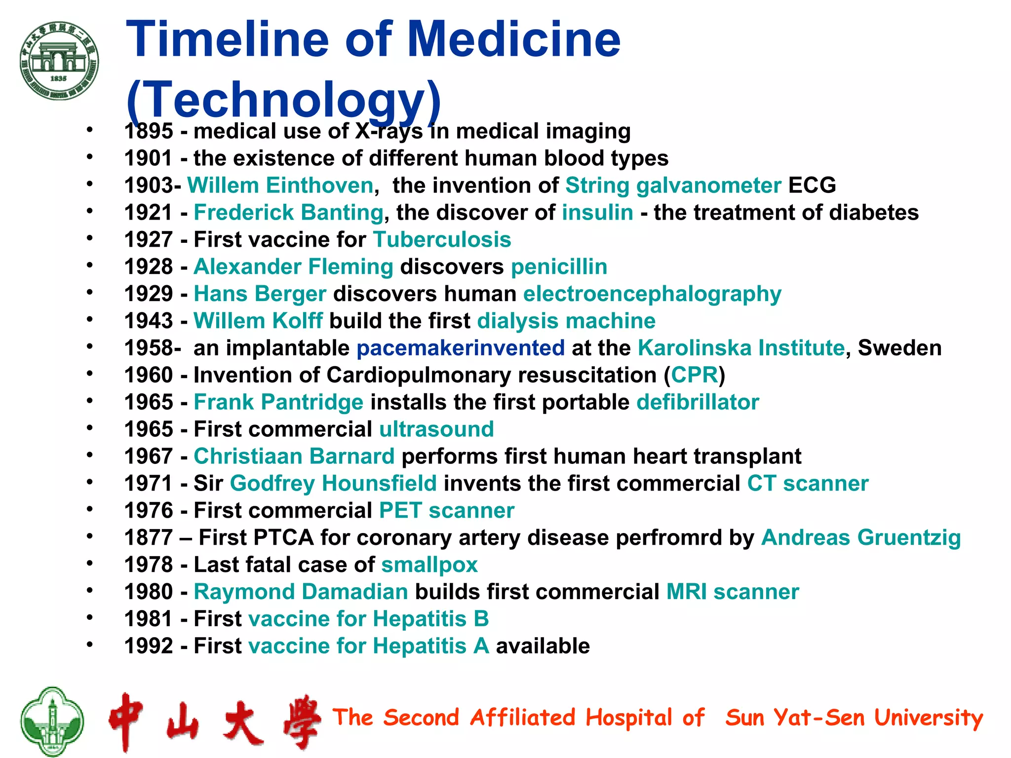 Timeline of Medicine (Technology)   1895 - medical use of X-rays in medical imaging  1901 - the existence of different human blood types  1903-  Willem Einthoven ,  the invention of  String galvanometer  ECG 1921 -  Frederick Banting , the discover of  insulin  - the treatment of diabetes  1927 - First vaccine for  Tuberculosis   1928 -  Alexander Fleming  discovers  penicillin   1929 -  Hans Berger  discovers human  electroencephalography   1943 -  Willem Kolff  build the first  dialysis machine   1958-  an implantable  pacemakerinvented  at the  Karolinska Institute , Sweden 1960 - Invention of Cardiopulmonary resuscitation ( CPR )  1965 -  Frank Pantridge  installs the first portable  defibrillator   1965 - First commercial  ultrasound   1967 -  Christiaan Barnard  performs first human heart transplant  1971 - Sir  Godfrey Hounsfield  invents the first commercial  CT scanner   1976 - First commercial  PET scanner   1877 – First PTCA for coronary artery disease perfromrd by  Andreas Gruentzig 1978 - Last fatal case of  smallpox   1980 -  Raymond Damadian  builds first commercial  MRI scanner   1981 - First  vaccine for Hepatitis B   1992 - First  vaccine for Hepatitis A  available 