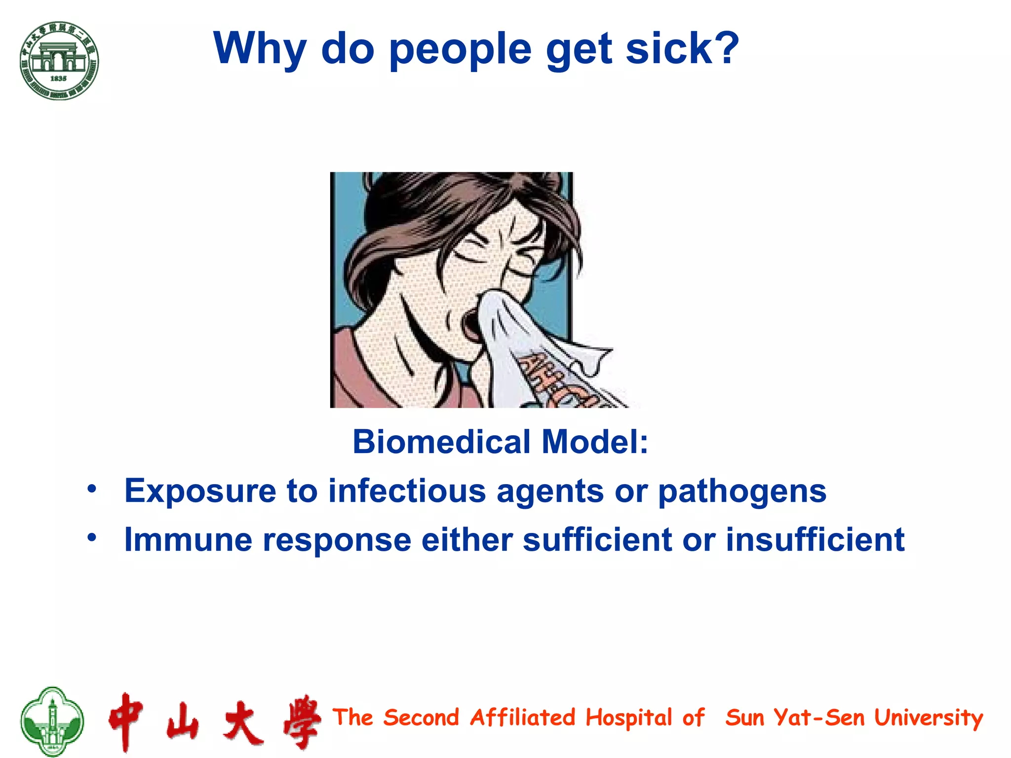 Why do people get sick? Biomedical Model:  Exposure to infectious agents or pathogens Immune response either sufficient or insufficient 