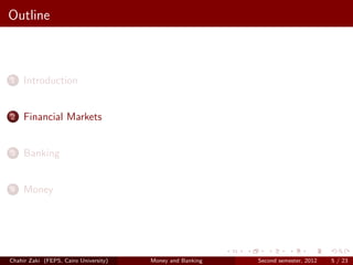 Outline



1    Introduction


2    Financial Markets


3    Banking


4    Money




Chahir Zaki (FEPS, Cairo University)   Money and Banking   Second semester, 2012   5 / 23
 