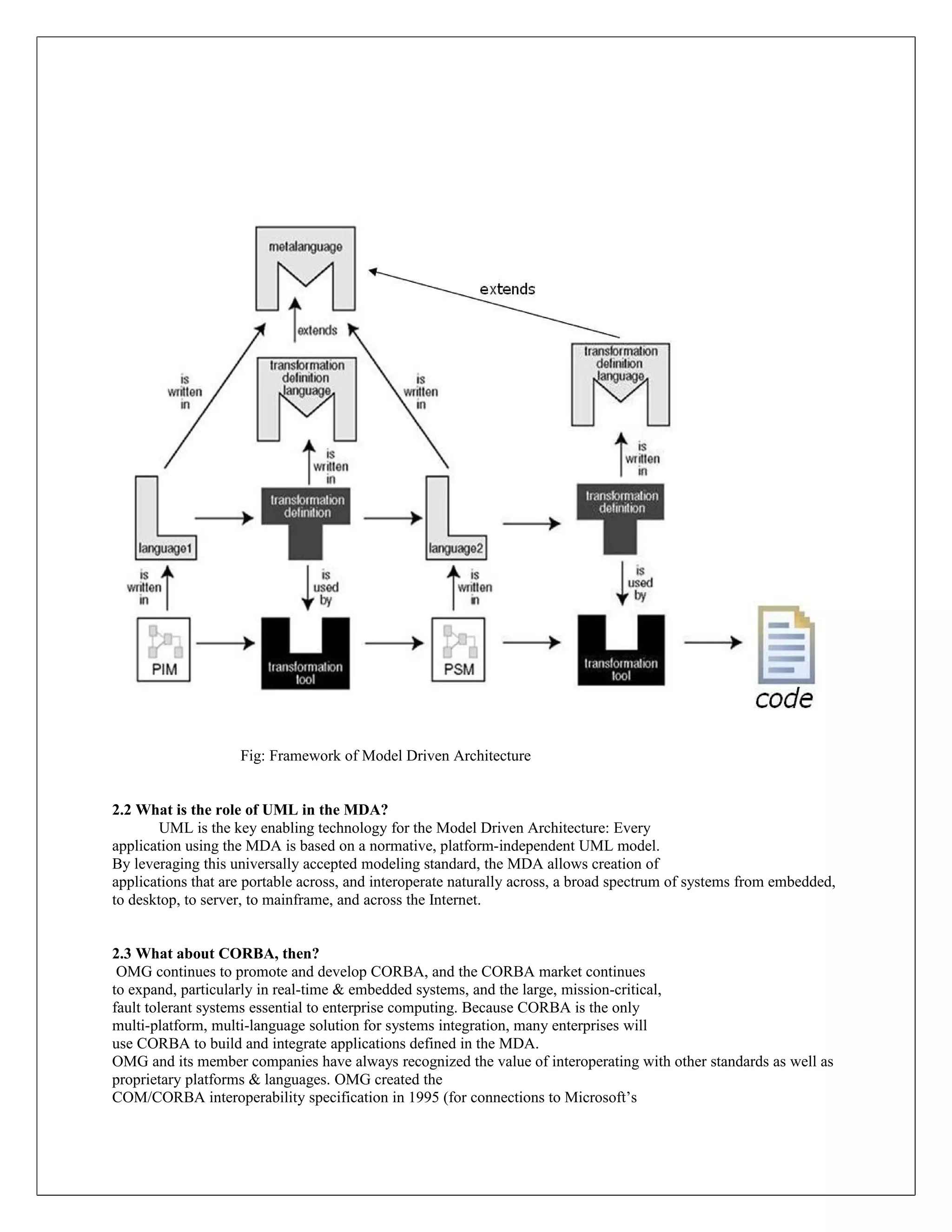 Fig: Framework of Model Driven Architecture


2.2 What is the role of UML in the MDA?
        UML is the key enabling technology for the Model Driven Architecture: Every
application using the MDA is based on a normative, platform-independent UML model.
By leveraging this universally accepted modeling standard, the MDA allows creation of
applications that are portable across, and interoperate naturally across, a broad spectrum of systems from embedded,
to desktop, to server, to mainframe, and across the Internet.


2.3 What about CORBA, then?
 OMG continues to promote and develop CORBA, and the CORBA market continues
to expand, particularly in real-time & embedded systems, and the large, mission-critical,
fault tolerant systems essential to enterprise computing. Because CORBA is the only
multi-platform, multi-language solution for systems integration, many enterprises will
use CORBA to build and integrate applications defined in the MDA.
OMG and its member companies have always recognized the value of interoperating with other standards as well as
proprietary platforms & languages. OMG created the
COM/CORBA interoperability specification in 1995 (for connections to Microsoft’s
 