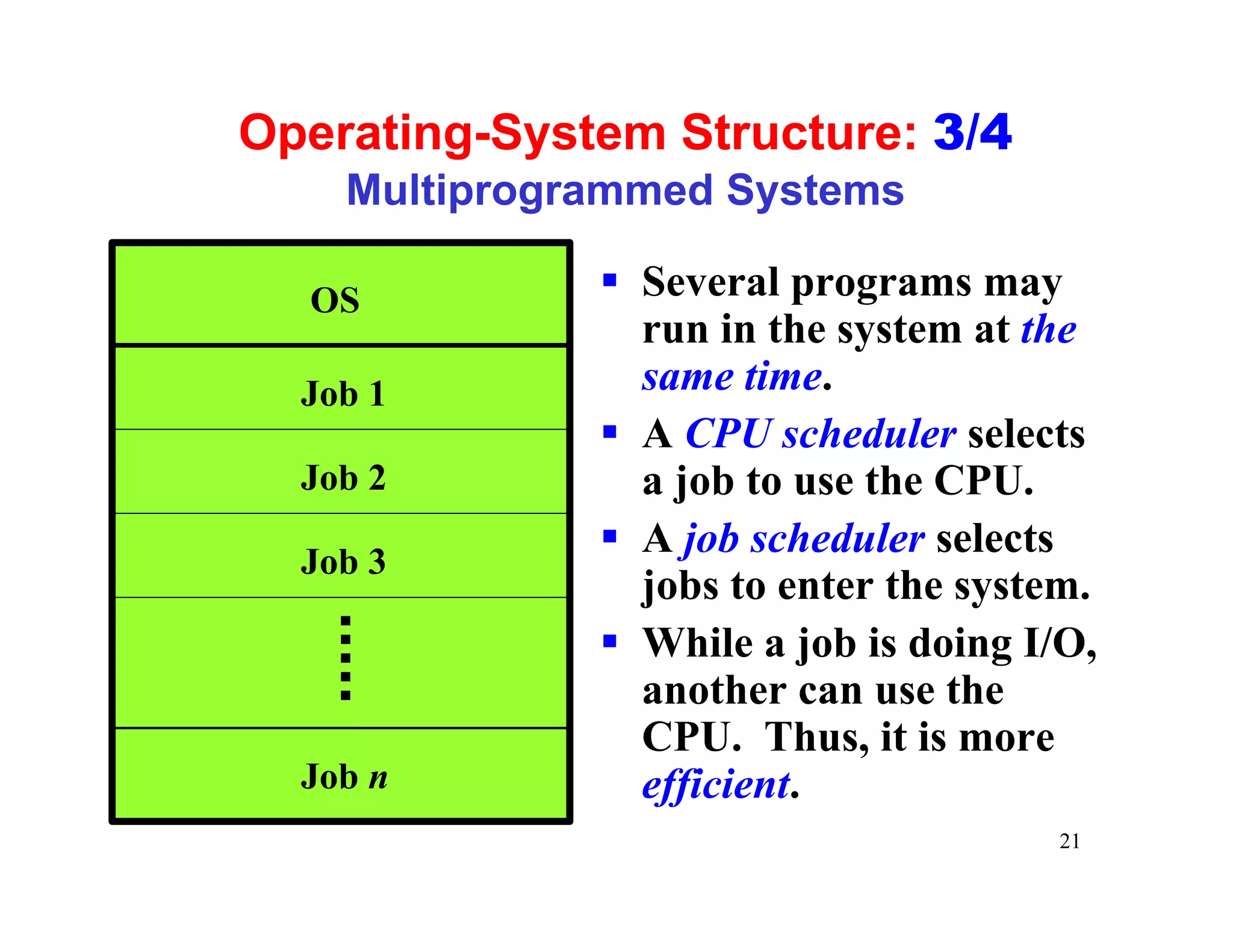 Operating-System Structure: 3/4
    Multiprogrammed Systems

  OS          § Several programs may
                run in the system at the
  Job 1         same time.
              § A CPU scheduler selects
  Job 2         a job to use the CPU.
              § A job scheduler selects
  Job 3
                jobs to enter the system.
              § While a job is doing I/O,
                another can use the
                CPU. Thus, it is more
  Job n         efficient.
                                      21
 
