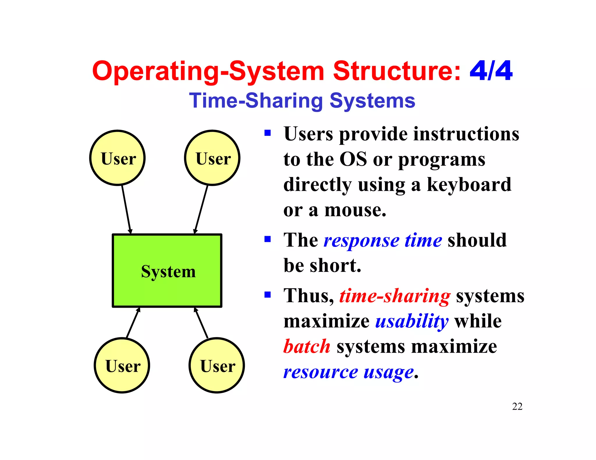Operating-System Structure: 4/4
            Time-Sharing Systems
                       § Users provide instructions
User        User         to the OS or programs
                         directly using a keyboard
                         or a mouse.
                       § The response time should
       System            be short.
                       § Thus, time-sharing systems
                         maximize usability while
                         batch systems maximize
User            User     resource usage.
                                                 22
 