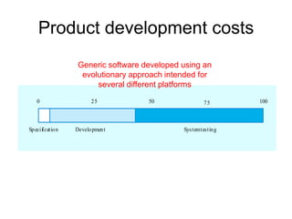 Product development costs
                   Generic software developed using an
                    evolutionary approach intended for
                        several different platforms
    0                   25           50                75       100



Sp ecificatio n   Develo pmen t               System testin g
 