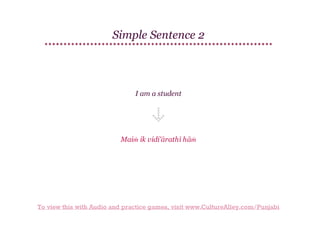 Simple Sentence 2

I am a student

Maiṁ ik vidi'ārathī hāṁ

To view this with Audio and practice games, visit www.CultureAlley.com/Punjabi

 
