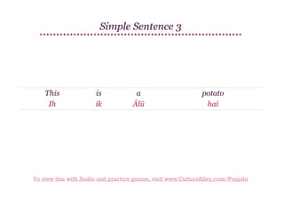 Simple Sentence 3

This
Ih

is
ik

a
Ālū

potato
hai

To view this with Audio and practice games, visit www.CultureAlley.com/Punjabi

 