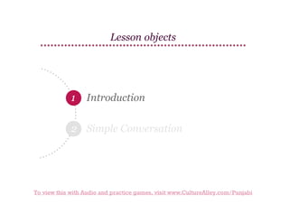 Lesson objects

1

Introduction

2 Simple Conversation

To view this with Audio and practice games, visit www.CultureAlley.com/Punjabi

 
