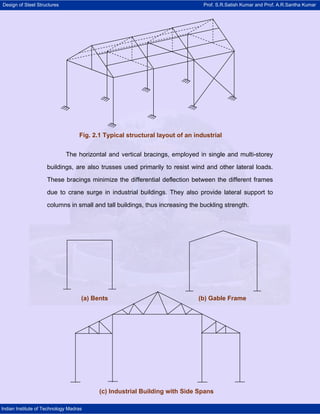 Design of Steel Structures Prof. S.R.Satish Kumar and Prof. A.R.Santha Kumar
Indian Institute of Technology Madras
The horizontal and vertical bracings, employed in single and multi-storey
buildings, are also trusses used primarily to resist wind and other lateral loads.
These bracings minimize the differential deflection between the different frames
due to crane surge in industrial buildings. They also provide lateral support to
columns in small and tall buildings, thus increasing the buckling strength.
(a) Bents (b) Gable Frame
(c) Industrial Building with Side Spans
Fig. 2.1 Typical structural layout of an industrial
 