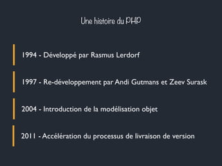 Une histoire du PHP
1994 - Développé par Rasmus Lerdorf
1997 - Re-développement par Andi Gutmans et Zeev Surask
2004 - Introduction de la modélisation objet
2011 - Accélération du processus de livraison de version
 