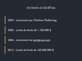 Une histoire de WordPress
2003 - Lancement par Matthew Mullenweg
2005 - Levée de fonds de 1 100 000 $
2006 - Lancement de wordpress.com
2014 - Levée de fonds de 160 000 000 $
 
