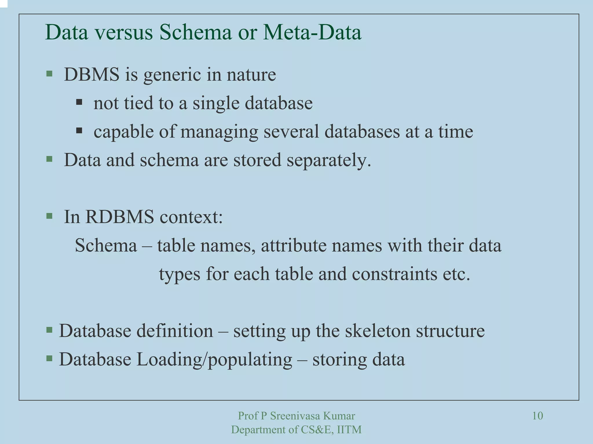 Prof P Sreenivasa Kumar
Department of CS&E, IITM
10
Data versus Schema or Meta-Data
DBMS is generic in nature
not tied to a single database
capable of managing several databases at a time
Data and schema are stored separately.
In RDBMS context:
Schema – table names, attribute names with their data
types for each table and constraints etc.
Database definition – setting up the skeleton structure
Database Loading/populating – storing data
 