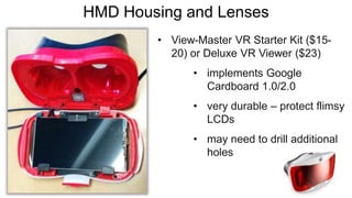 HMD Housing and Lenses
• View-Master VR Starter Kit ($15-
20) or Deluxe VR Viewer ($23)
• implements Google
Cardboard 1.0/2.0
• very durable – protect flimsy
LCDs
• may need to drill additional
holes
 