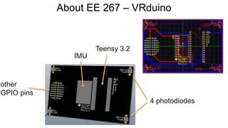 About EE 267 – VRduino
IMU
Teensy 3.2
4 photodiodes
other
GPIO pins
 
