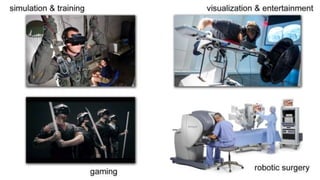 Other Applications of VR
• architecture walkthroughs
• remote operation of vehicles (e.g., drone racing!)
• education
• co...