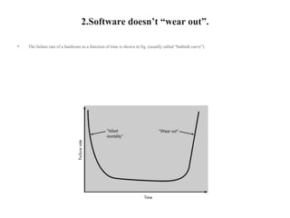 2.Software doesn’t “wear out”.
• The failure rate of a hardware as a function of time is shown in fig. (usually called “bathtub curve”)
 