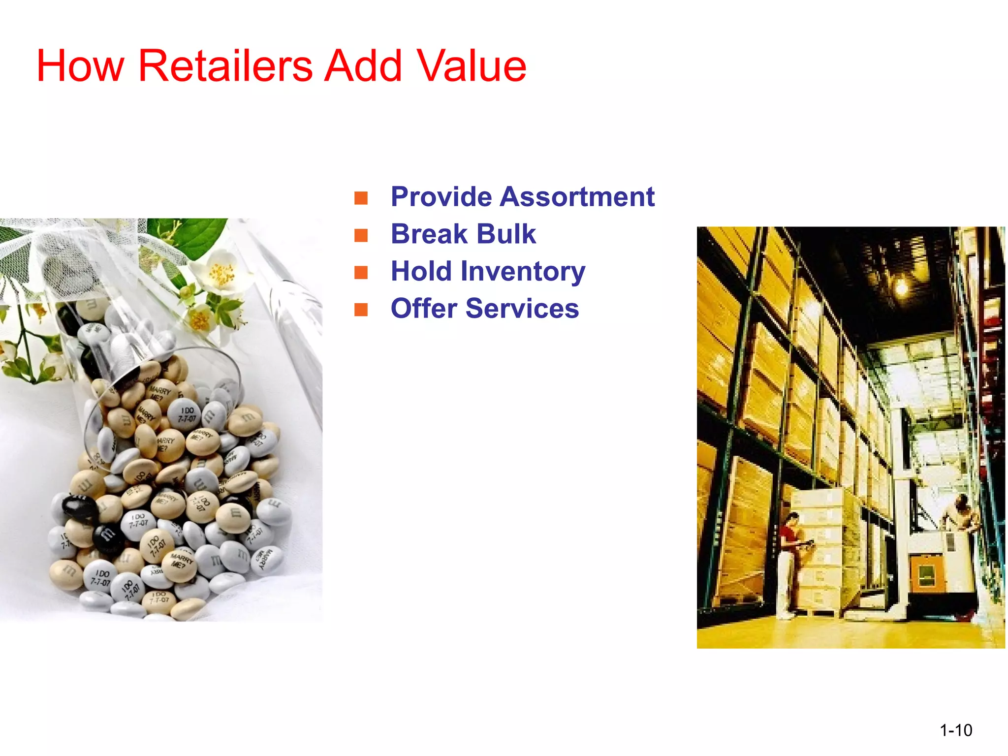 How Retailers Add Value
■ Provide Assortment
■ Break Bulk
■ Hold Inventory
■ Offer Services
1-10
 