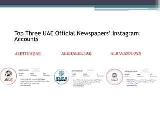 ALETIHADAE ALKHALEEJ.AE ALBAYANNEWS
Top Three UAE Official Newspapers’ Instagram
Accounts
 