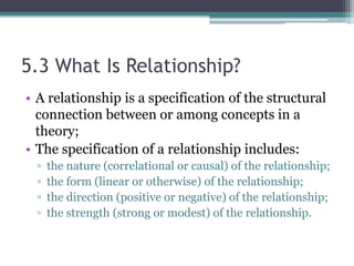 5.3 What Is Relationship?
• A relationship is a specification of the structural
connection between or among concepts in a
theory;
• The specification of a relationship includes:
▫ the nature (correlational or causal) of the relationship;
▫ the form (linear or otherwise) of the relationship;
▫ the direction (positive or negative) of the relationship;
▫ the strength (strong or modest) of the relationship.
 