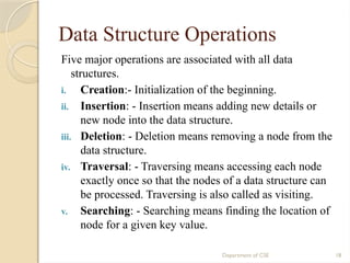 Department of CSE 18
Data Structure Operations
Five major operations are associated with all data
structures.
i. Creation:- Initialization of the beginning.
ii. Insertion: - Insertion means adding new details or
new node into the data structure.
iii. Deletion: - Deletion means removing a node from the
data structure.
iv. Traversal: - Traversing means accessing each node
exactly once so that the nodes of a data structure can
be processed. Traversing is also called as visiting.
v. Searching: - Searching means finding the location of
node for a given key value.
 
