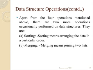 Department of CSE 19
Data Structure Operations(contd..)
 Apart from the four operations mentioned
above, there are two more operations
occasionally performed on data structures. They
are:
(a) Sorting: -Sorting means arranging the data in
a particular order.
(b) Merging: - Merging means joining two lists.
 