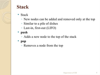 Department of CSE 9
Stack
 Stack
◦ New nodes can be added and removed only at the top
◦ Similar to a pile of dishes
◦ Last-in, first-out (LIFO)
 push
◦ Adds a new node to the top of the stack
 pop
◦ Removes a node from the top
 