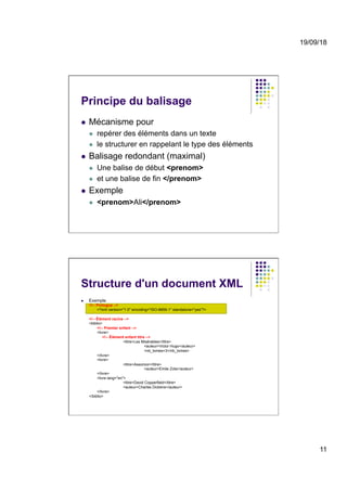 19/09/18
11
Principe du balisage
l  Mécanisme pour
l  repérer des éléments dans un texte
l  le structurer en rappelant le type des éléments
l  Balisage redondant (maximal)
l  Une balise de début <prenom>
l  et une balise de fin </prenom>
l  Exemple
l  <prenom>Ali</prenom>
Structure d'un document XML
l  Exemple
<!-- Prologue -->
<?xml version="1.0" encoding="ISO-8859-1" standalone="yes"?>
<!-- Élément racine -->
<biblio>
<!-- Premier enfant -->
<livre>
<!-- Élément enfant titre -->
<titre>Les Misérables</titre>
<auteur>Victor Hugo</auteur>
<nb_tomes>3</nb_tomes>
</livre>
<livre>
<titre>Assomoir</titre>
<auteur>Emile Zola</auteur>
</livre>
<livre lang="en">
<titre>David Copperfield</titre>
<auteur>Charles Dickens</auteur>
</livre>
</biblio>
 