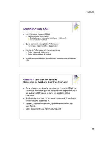 19/09/18
15
Modélisation XML
l  Les critères de choix sont liés à :
l  La structure de l'information
l  Structurée ou non structurée multi-lignes à éléments
l  Non structurée à attribut
l  Qui et comment est exploitée l'information
l  Homme ou machine et type d'application
l  L'ordre de l'information a-t-il une importance
l  Ordre important à éléments
l  Ordre non important à attribut
l  Inclure les méta-données sous forme d'attributs dans un élément
vide
Exercice 2: Utilisation des attributs
Conception de livre2.xml à partir de livre1.xml
l  On souhaite compléter la structure du document XML de
l’exercice précédent par les attributs nom et prenom pour
les auteurs et titre pour le livre, les sections et les
chapitres.
l  Analysez la structure du nouveau document. Y a-t-il des
simplifications possibles ?
l  Vérifiez, à l’aide de l’éditeur, que votre document est
bien formé.
l  Votre document sera nommé livre2.xml.
 