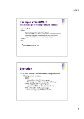 19/09/18
5
Exemple VoiceXML(*)
Menu choix pour les répondeurs vocaux
<vxml version="2.0">
<menu>
<prompt>Faire un choix :<enumerate/></prompt>
<choice next="http://www.meteo.exemple/meteo.vxml">Meteo</choice>
<choice next="http://www.infos.exemple/infos.vxml">Info</choice>
<noinput>Merci de faire un choix <enumerate/></noinput>
</menu>
</vxml>
(*) http://www.voiceXML.org
Evolution
l  Les documents à balises offrent ces possibilités
l  Historiquement, on trouve :
l  SGML
§  Standard Generalized Markup Language
§  Meta-langage pour définir des langages de "markup"
l  HTML : Hypertext Markup Language
§  Application de SGML au Web, ayant peu de tags
l  XML : eXtensible Markup Language
§  Version plus légère que SGML pour le Web
 