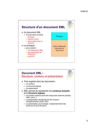 19/09/18
9
Structure d'un document XML
l  Un document XML
l  À la structure suivante
l  Prologue
l  Élément racine
l  Arbre d'éléments ou
structure
l  Le prologue
l  peut contenir :
l  une déclaration XML
l  des instructions de
traitement
l  une DTD
Document XML :
Structure, contenu et présentation
l  Trois aspects dans les documents :
l  Le contenu
l  La structure logique
l  La présentation
l  XML permet de représenter les contenus textuels
et la structure logique
l  Les autres contenus sont des ressources externes (photos,
vidéo, sons...)
l  La présentation est décrite par des moyens
complémentaires (CSS, XSL)
l  La présentation peut changer, indépendamment des
contenus et de la structure
 