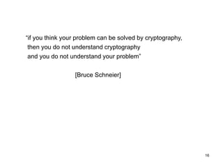 “if you think your problem can be solved by cryptography,
then you do not understand cryptography
and you do not understan...