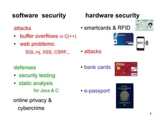 software security hardware security
attacks
• buffer overflows in C(++)
• web problems:
SQL inj, XSS, CSRF,..
defenses
• s...