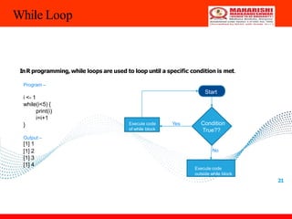 21
While Loop
i <- 1
while(i<5) {
print(i)
i=i+1
}
Output –
[1] 1
[1] 2
[1] 3
[1] 4
Yes
No
Condition
True??
Execute code
of while block
InR programming, while loops are used to loop until a specific condition is met.
Program –
Start
Execute code
outside while block
 
