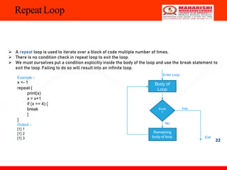 Repeat Loop
 A repeat loop is used to iterate over a block of code multiple number of times.
 There is no condition check in repeat loop to exit the loop.
 We must ourselves put a condition explicitly inside the body of the loop and use the break statement to
exit the loop. Failing to do so will result into an infinite loop.
Example –
x <- 1
repeat {
print(x)
x = x+1
if (x == 4) {
break
}
}
Output –
[1] 1
[1] 2
[1] 3
Body of
Loop
Break
?
Remaining
body of loop Exit
Enter Loop
Yes
No
22
 