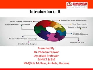 Introduction to R
Presented By:
Dr. Poonam Panwar
Associate Professor
MMICT & BM
MM(DU), Mullana, Ambala, Haryana
 