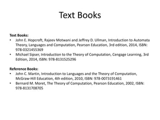 Text Books
Text Books:
• John E. Hopcroft, Rajeev Motwani and Jeffrey D. Ullman, Introduction to Automata
Theory, Languages and Computation, Pearson Education, 3rd edition, 2014, ISBN:
978-0321455369
• Michael Sipser, Introduction to the Theory of Computation, Cengage Learning, 3rd
Edition, 2014, ISBN: 978-8131525296
Reference Books:
• John C. Martin, Introduction to Languages and the Theory of Computation,
McGraw-Hill Education, 4th edition, 2010, ISBN: 978-0073191461
• Bernard M. Moret, The Theory of Computation, Pearson Education, 2002, ISBN:
978-8131708705
 