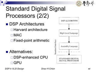 DSP in VLSI Design Shao-Yi Chien 17
Standard Digital Signal
Processors (2/2)
 DSP Architectures
Harvard architecture
MAC
Fixed-point arithmetic
 Alternatives:
DSP-enhanced CPU
GPU
 