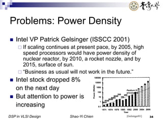 DSP in VLSI Design Shao-Yi Chien 34
Problems: Power Density
 Intel VP Patrick Gelsinger (ISSCC 2001)
 If scaling continues at present pace, by 2005, high
speed processors would have power density of
nuclear reactor, by 2010, a rocket nozzle, and by
2015, surface of sun.
 “Business as usual will not work in the future.”
 Intel stock dropped 8%
on the next day
 But attention to power is
increasing
[Gelsinger01]
 