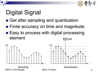 DSP in VLSI Design Shao-Yi Chien 4
Digital Signal
 Get after sampling and quantization
 Finite accuracy on time and magnitude
 Easy to process with digital processing
element
t
f
t
f
Sampling Quantization
f(5)=4
 