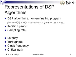 DSP in VLSI Design Shao-Yi Chien 51
Representations of DSP
Algorithms
 DSP algorithms: nonterminating program
 Iteration period
 Sampling rate
 Latency
 Throughput
 Clock frequency
 Critical path
 
