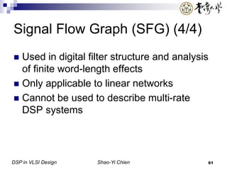 DSP in VLSI Design Shao-Yi Chien 61
Signal Flow Graph (SFG) (4/4)
 Used in digital filter structure and analysis
of finite word-length effects
 Only applicable to linear networks
 Cannot be used to describe multi-rate
DSP systems
 