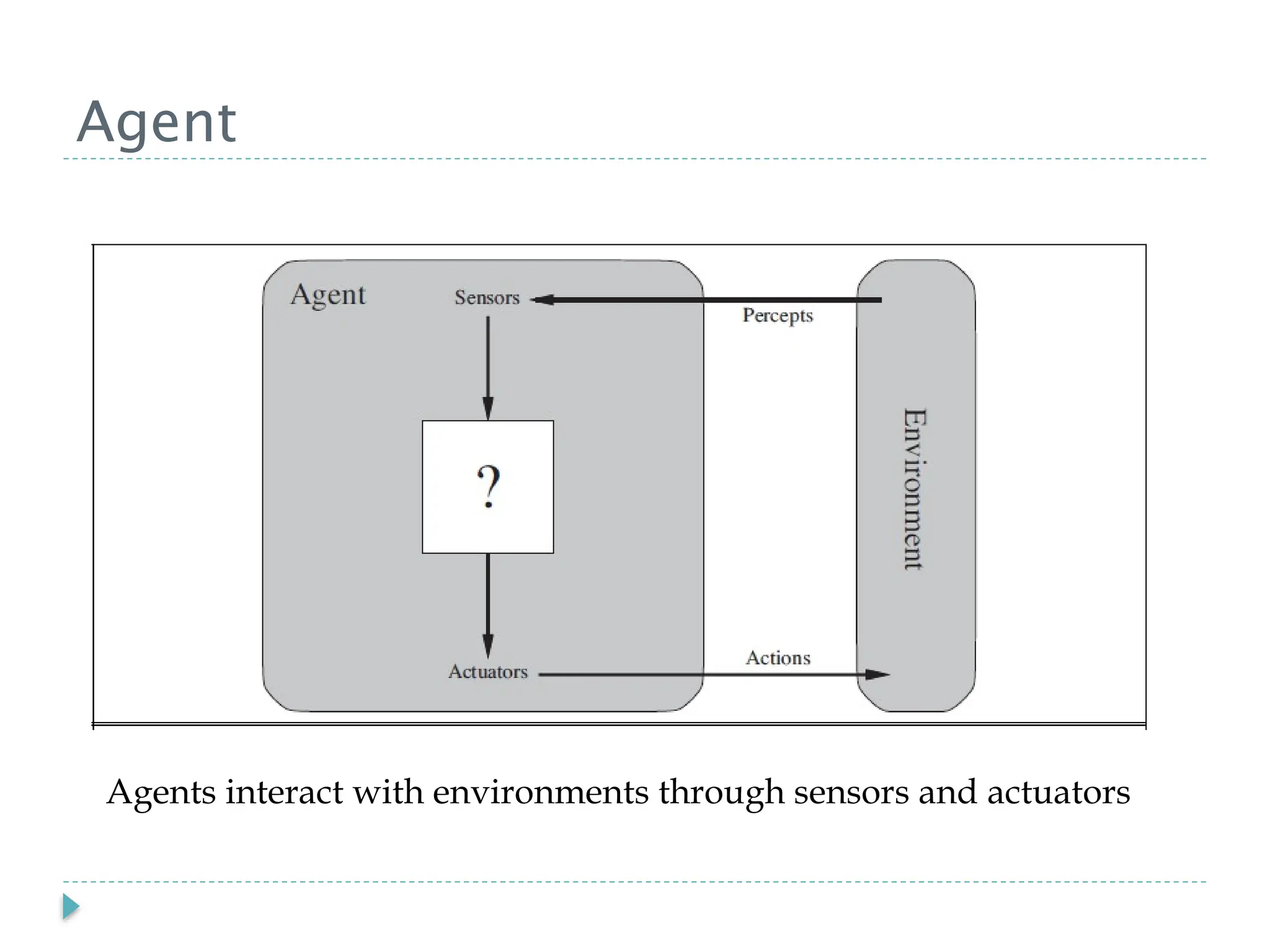 Agent
Agents interact with environments through sensors and actuators
 