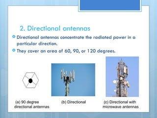 2. Directional antennas
 Directional antennas concentrate the radiated power in a
particular direction.
 They cover an area of 60, 90, or 120 degrees.
(a) 90 degree (b) Directional (c) Directional with
directional antennas microwave antennas
 