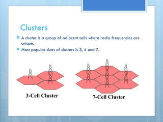 Clusters
 A cluster is a group of adjacent cells where radio frequencies are
unique.
 Most popular sizes of clusters is 3, 4 and 7.
3-Cell Cluster 7-Cell Cluster
 