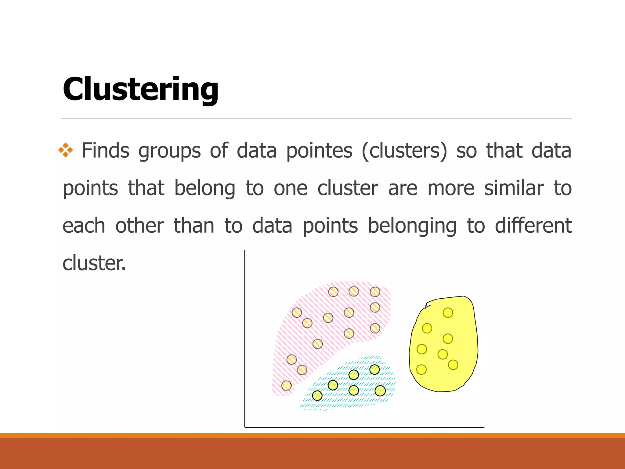 Clustering
 Finds groups of data pointes (clusters) so that data
points that belong to one cluster are more similar to
each other than to data points belonging to different
cluster.
 