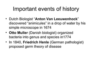 Important events of history
• Dutch Biologist “Anton Van Leeuwenhock”
discovered “animicules” in a drop of water by his
simple microscope in 1674
• Otto Muller (Danish biologist) organized
bacteria into genus and species in1774
• In 1840, Friedrich Henle (German pathologist)
proposed germ theory of disease
 