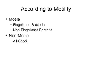 According to Motility
• Motile
– Flagellated Bacteria
– Non-Flagellated Bacteria
• Non-Motile
– All Cocci
 