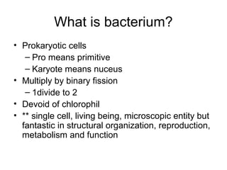 What is bacterium?
• Prokaryotic cells
– Pro means primitive
– Karyote means nuceus
• Multiply by binary fission
– 1divide to 2
• Devoid of chlorophil
• ** single cell, living being, microscopic entity but
fantastic in structural organization, reproduction,
metabolism and function
 