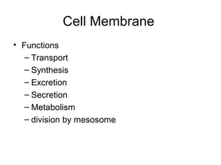 Cell Membrane
• Functions
– Transport
– Synthesis
– Excretion
– Secretion
– Metabolism
– division by mesosome
 