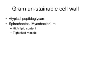 Gram un-stainable cell wall
• Atypical peptidoglycan
• Spirochaetes, Mycobacterium,
– High lipid content
– Tight fluid mosaic
 