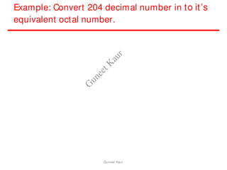 Example: Convert 204 decimal number in to it’s
equivalent octal number.
Guneet Kaur
G
u
n
e
e
t
K
a
u
r
 