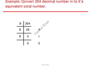 Example: Convert 204 decimal number in to it’s
equivalent octal number.
8 204
8 25
8 3
0
4
1
3
Guneet Kaur
G
u
n
e
e
t
K
a
u
r
 